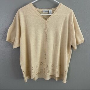 VTG Villager Liz Claiborne Yellow Short Sleeve Cardigan Sweater Top XL Scalloped